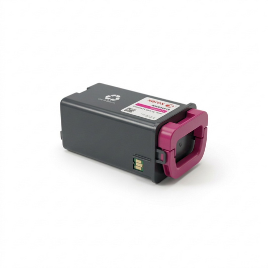 A high-resolution, pure white background product image of the Xerox Genuine Magenta Standard Capacity Toner Cartridge, featuring its dark grey body, magenta end piece, and visible contact points, rendered as a centered ecommerce hero shot.