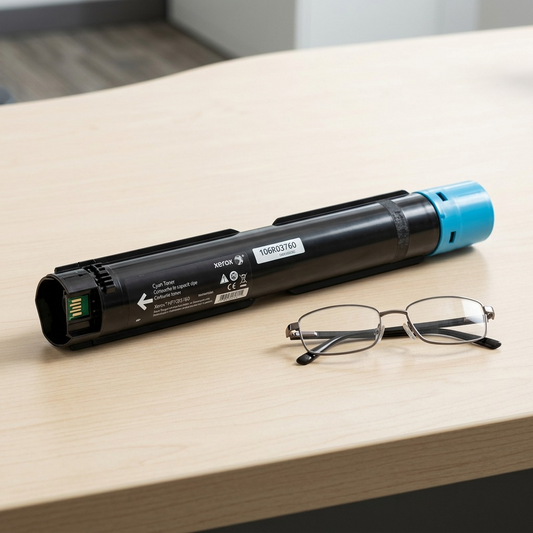 Scale reference photo for Xerox 106R03760 toner cartridge, showing real-world size.