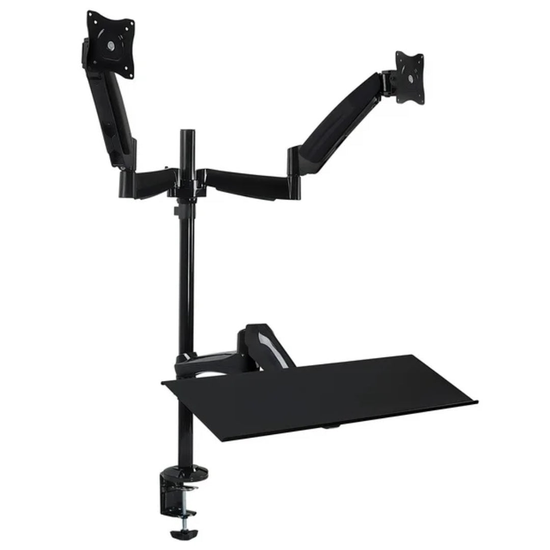 Mount-It! Sit Stand Desk with Dual Monitor Mount up to 27In Monitors Heavy Duty Steel with Keyboard Mouse Tray Desk Clamp Gas Spring Arm Adjusts up and down 11.5 In