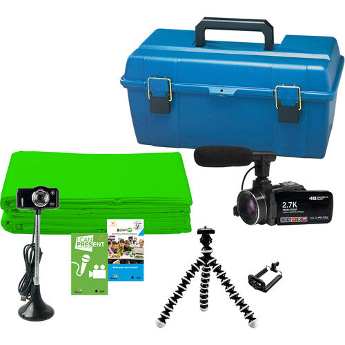 Video production kit with blue toolbox, camera, green screen, microphone, and accessories on a white background.