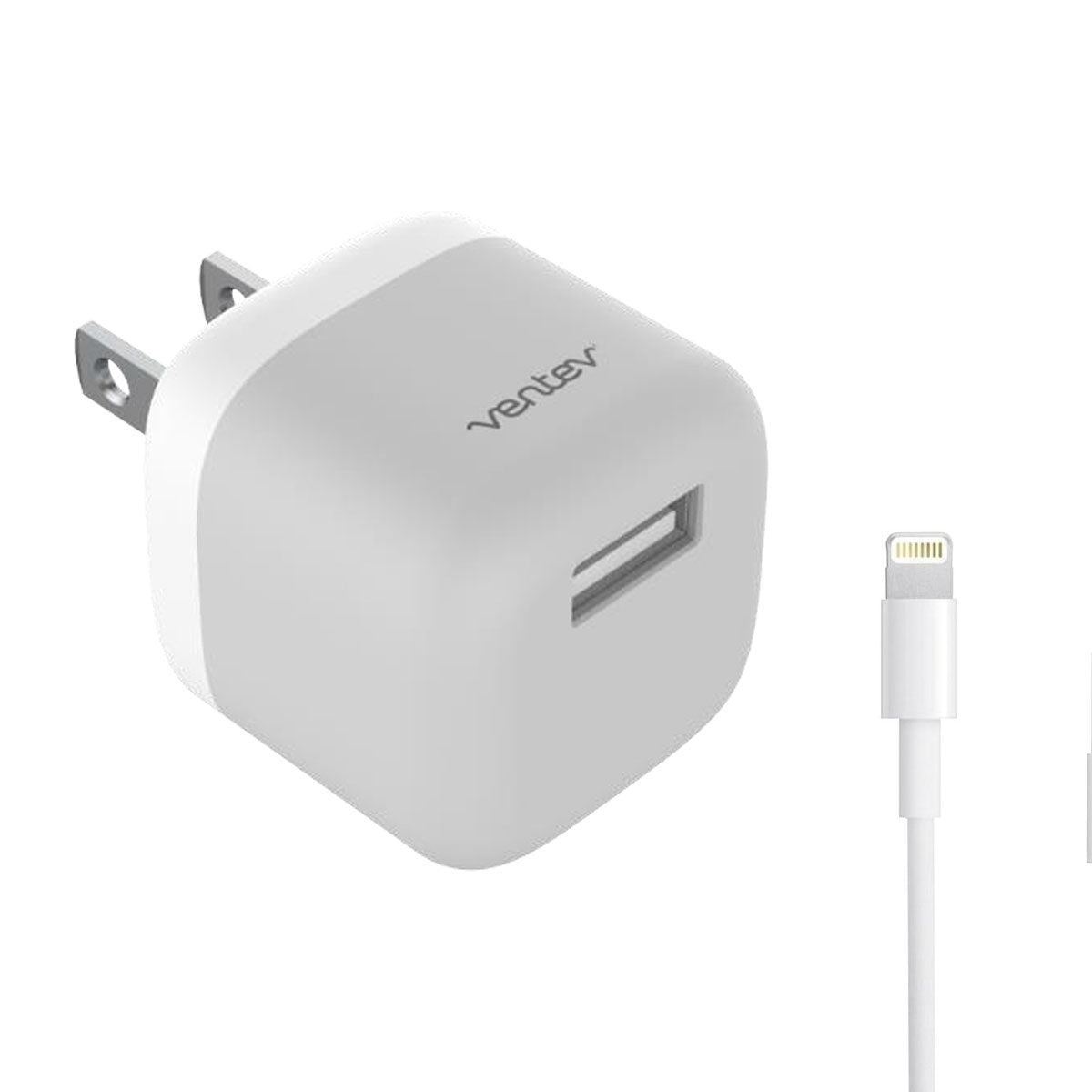 Ventev Wall Charger 1 Port 12W 2.4 Amp USB-A - White & Grey with Lightning MFI to USB-A Cable 3.3ft - White