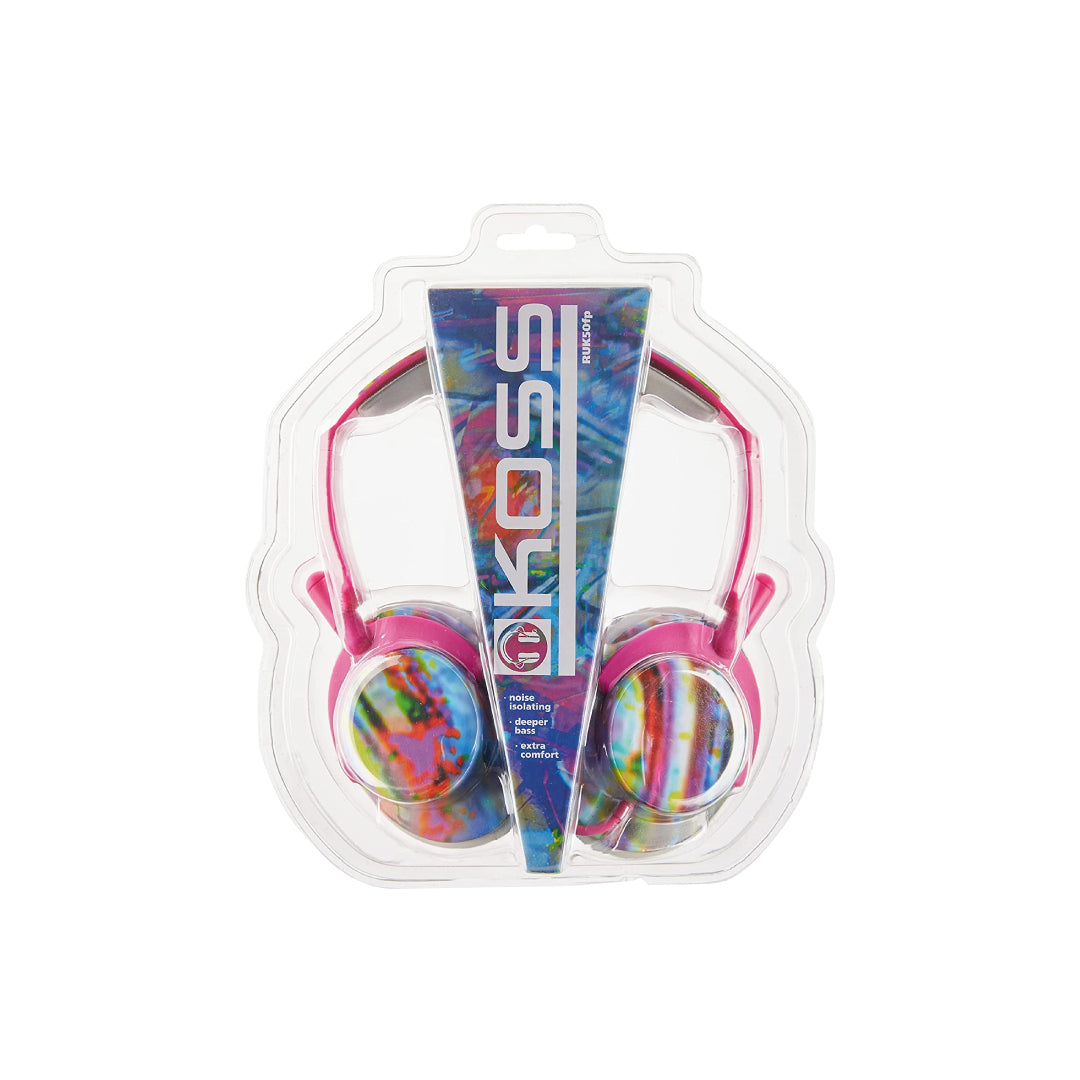 Koss Headphone Full Size Noise Isolating Deep Bass Extra Comfort Fold Flat Design Adjustable Padded Headband 3.5mm 4ft - Pink