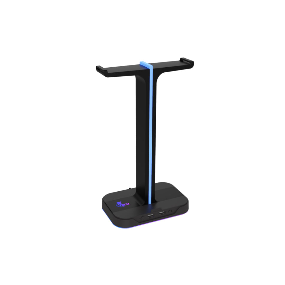 Xtech  Headset Stand Dual with 2 USB-A Ports RGB Lighting Cable Organizer with Cell Phone Stand - Black