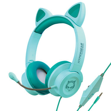 HyperGear  Headset with Boom Mic Kombat Kitty Safe Volume and Mute Controls with Kitty Ears 3.5mm Portable Tangle Free Cable - Teal