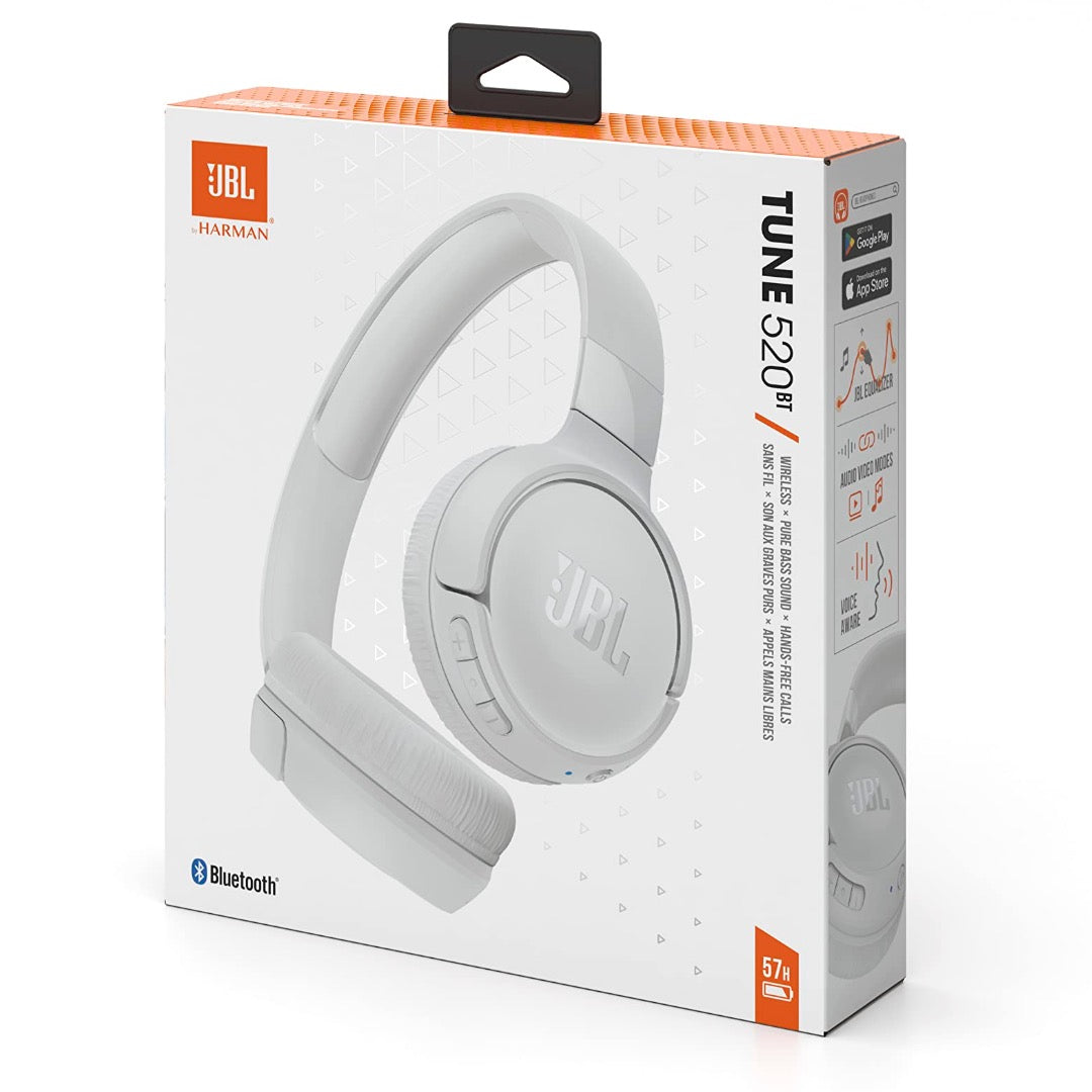 JBL Bluetooth Headphones TUNE 520 Pure Bass Sound App to Customize EQ Settings Multipoint Pairing On Ear Comfortable Ear Pads - White