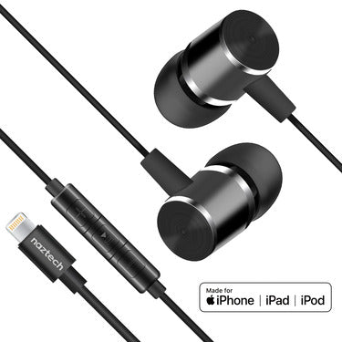Naztech Earbuds Lightning MFI Wired Platinum In Line Mic & Controls Hifi Digital Audio Dynamic Bass Aircraft Grade Aluminum - Black
