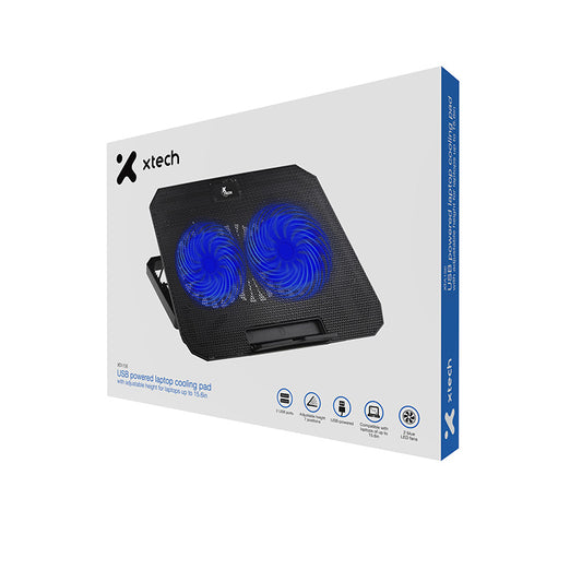 Xtech Laptop Cooling Pad up to 15.6In USB Blue LED 2 Silent Fans 2 USB-A Ports Adjustable Height - Black