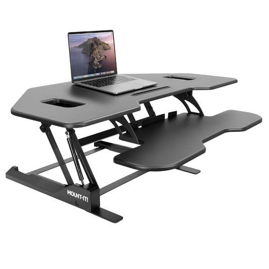Mount-It! Sit Stand Desk Corner Gas Spring Height Adjustable up to 43In Ergonomic Keyboard - Black