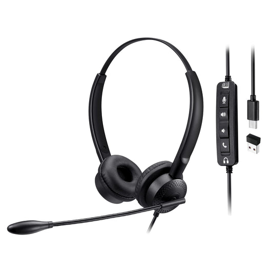 Adesso Headset Wired Stereo with Boom Mic Noise Cancelling Push-to-Talk USB-C with USB-A Adapter Inline Call Controls 6ft Cord - TAA Compliant - Black