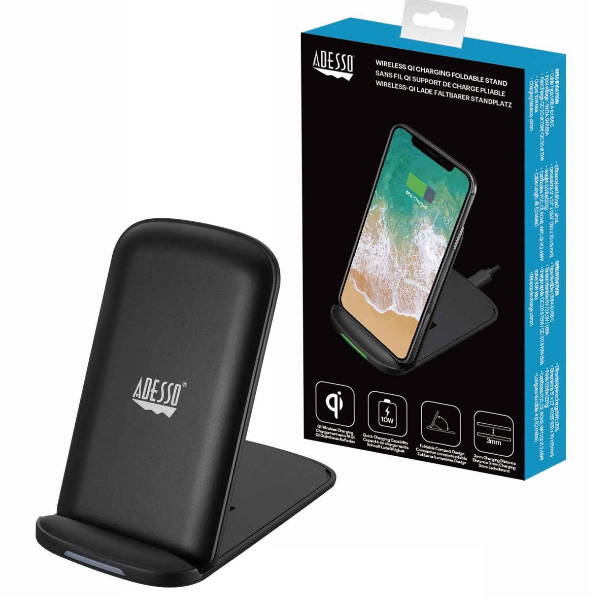 Adesso Qi Wireless Charger 10W Fast Charging Foldable Stand 2-Coil Design USB Type-C Connectivity Vertical & Horizontal Charging
