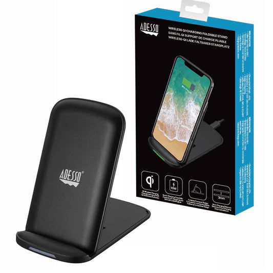 Adesso Qi Wireless Charger 10W Fast Charging Foldable Stand 2-Coil Design USB Type-C Connectivity Vertical & Horizontal Charging