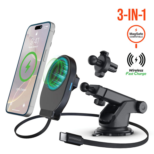 HyperGear Car Mount 3-in-1 Kit Mag Grip with 15W Magnetic Wireless Fast Charging - Black