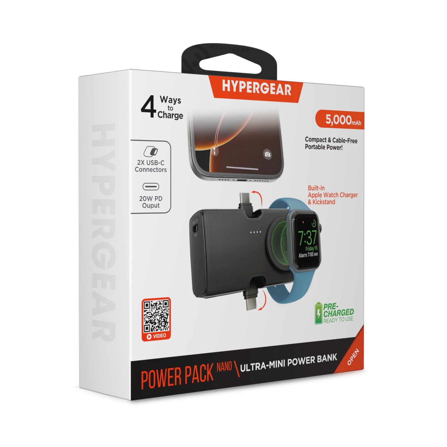 HyperGear Powerbank Nano Ultra-Mini 5000mAh 20W USB-C PD Dual USB-C connectors Magnetic Charging for Apple Watch and Kickstand - Black
