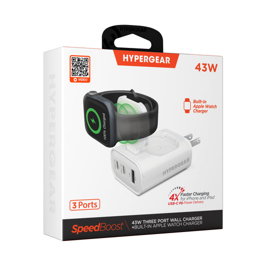 HyperGear Wall Charger 3 Port 43W 2x USB-C (20W) 1x USB-A (18W) PD PPS SpeedBoost Quick Charge with Built-In Magnetic Charging Mount for Apple Watch - White