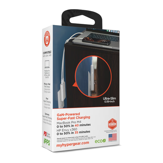 HyperGear Wall Charger Slim GaN 2 Port 65W USB-C SpeedBoost - White