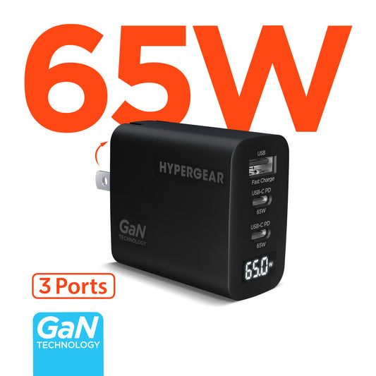 HyperGear Wall Charger GaN  3 Port 65W 2X USB-C (65W) 1X USB-A(60W) PD PPS SpeedBoost and Digital Display - Black