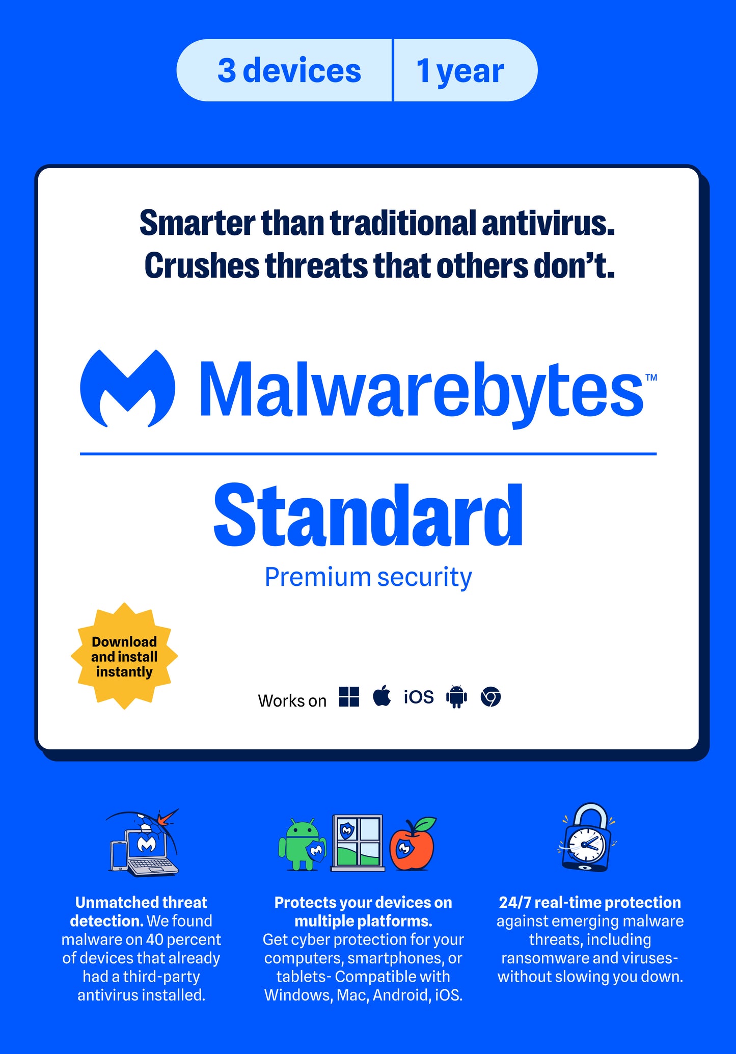 Malwarebytes Premium Standard – 3 Devices, 1 Year | PC, Mac, Android & iOS