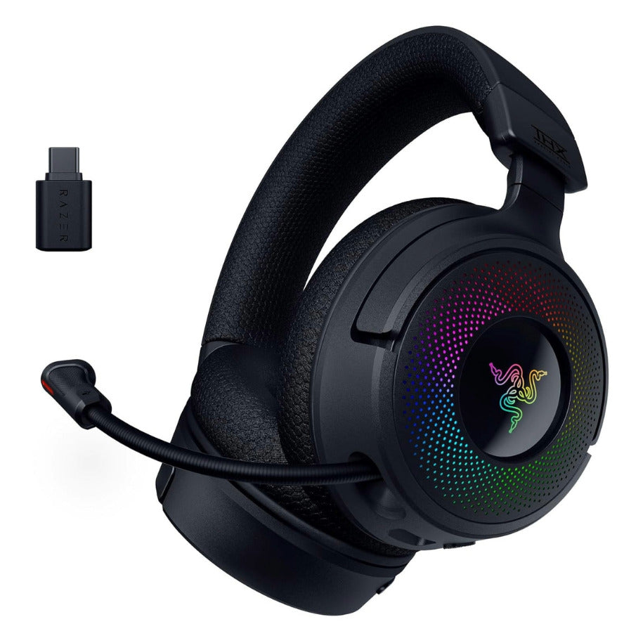 Razer Gaming Headset Wireless Kraken V4 with Retractable HyperClear Super Wideband Mic TriForce Titanium 40MM Drivers THX Spatial Audio Bluetooth/2.4GHz/USB Chroma RGB - Black