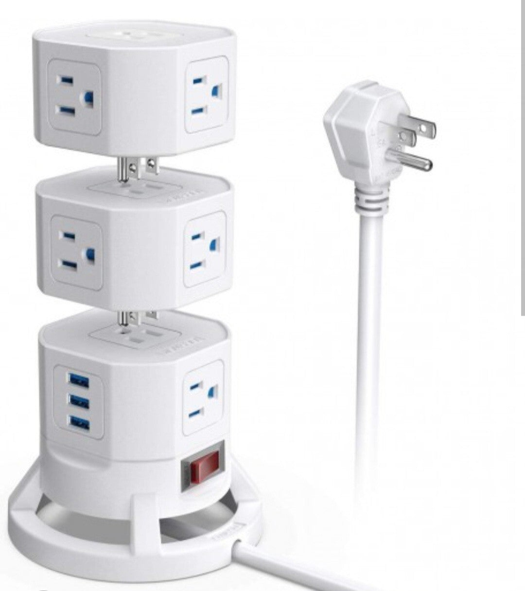 BESTEK Surge Protector Tower 12 AC Outlets with 3 Smart USB Ports Stackable Space-Saving Design 6ft Extension Cord - White