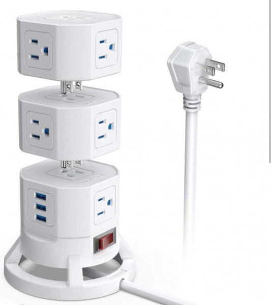 BESTEK Surge Protector Tower 12 AC Outlets with 3 Smart USB Ports Stackable Space-Saving Design 6ft Extension Cord - White