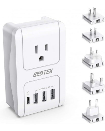 BESTEK World Travel Adaptor 300W with 1 x AC Outlet 3 x USB Ports & USB-C Port - White