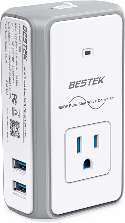BESTEK World Travel Adaptor 150W with 1 x AC Outlet & 2 x Smart USB Ports