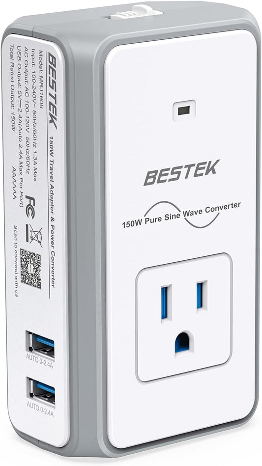 BESTEK World Travel Adaptor 150W with 1 x AC Outlet & 2 x Smart USB Ports