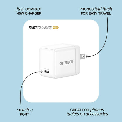 OtterBox Wall Charger 1 Port 45W GaN USB-C Fast Charge Compact Size Foldable Prongs PD PPS - Black