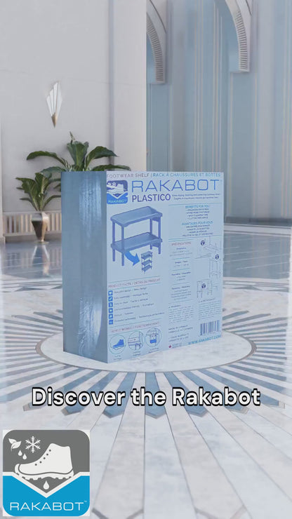 Rakabot Plastico 2 tier affordable water and mud collecting shoe and boot rack that stores 4 pairs. Stackable to 6 tier. Sturdy plastic easy to clean. Dark grey anthracite color. Made In Canada Invention.