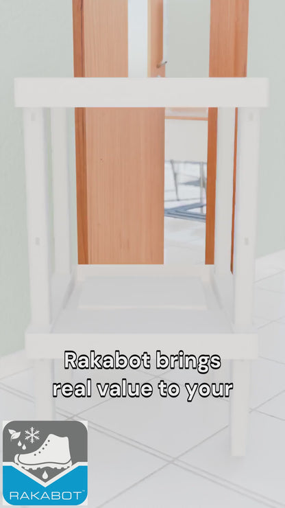 Rakabot LOCKER 2 tier locker water and mud collecting shoe and boot rack. Stores 2 pairs. Stackable to 4 tier. No dripping.  Sturdy plastic easy to clean. Light grey color. Made In Canada Invention.