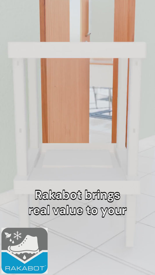 Rakabot LOCKER 2 tier locker water and mud collecting shoe and boot rack. Stores 2 pairs. Stackable to 4 tier. No dripping.  Sturdy plastic easy to clean. Light grey color. Made In Canada Invention.